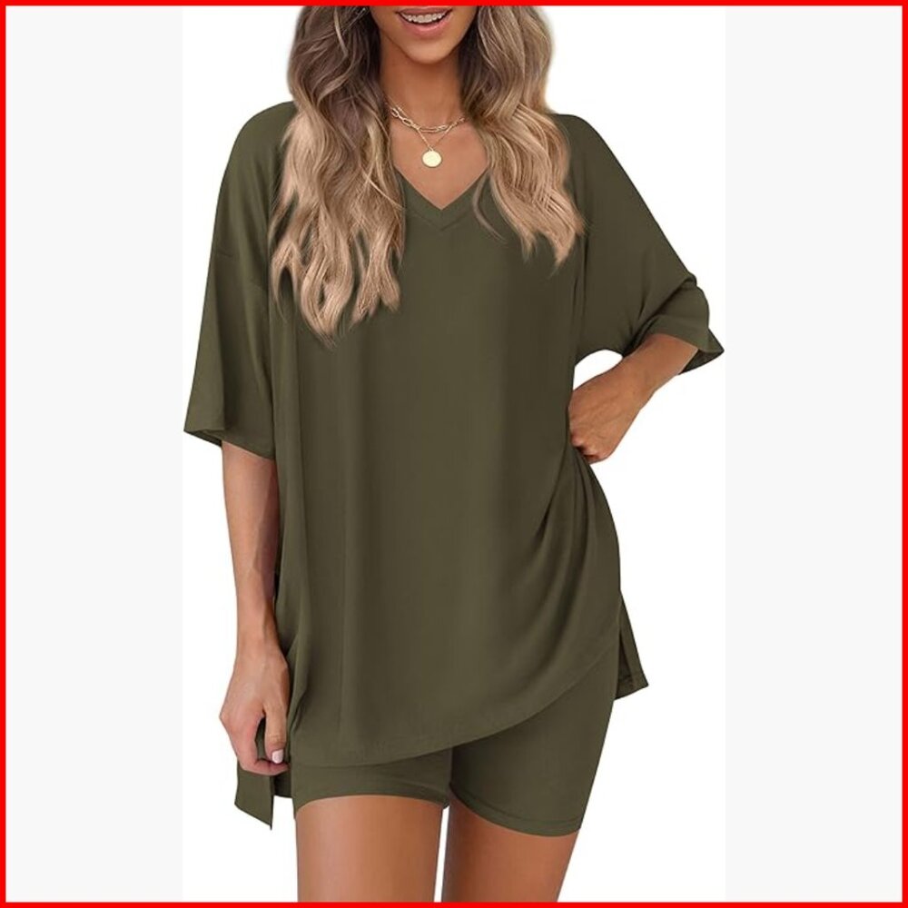 Women's V-Neck Oversized Top with Biker Shorts Set, Lounge Wear